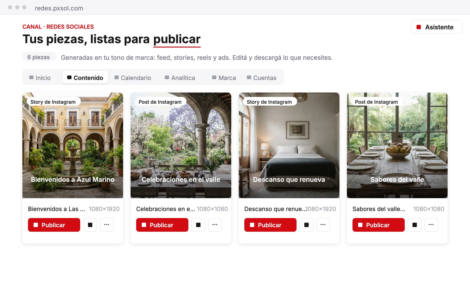 Pestaña Contenido del Hub de Redes Sociales