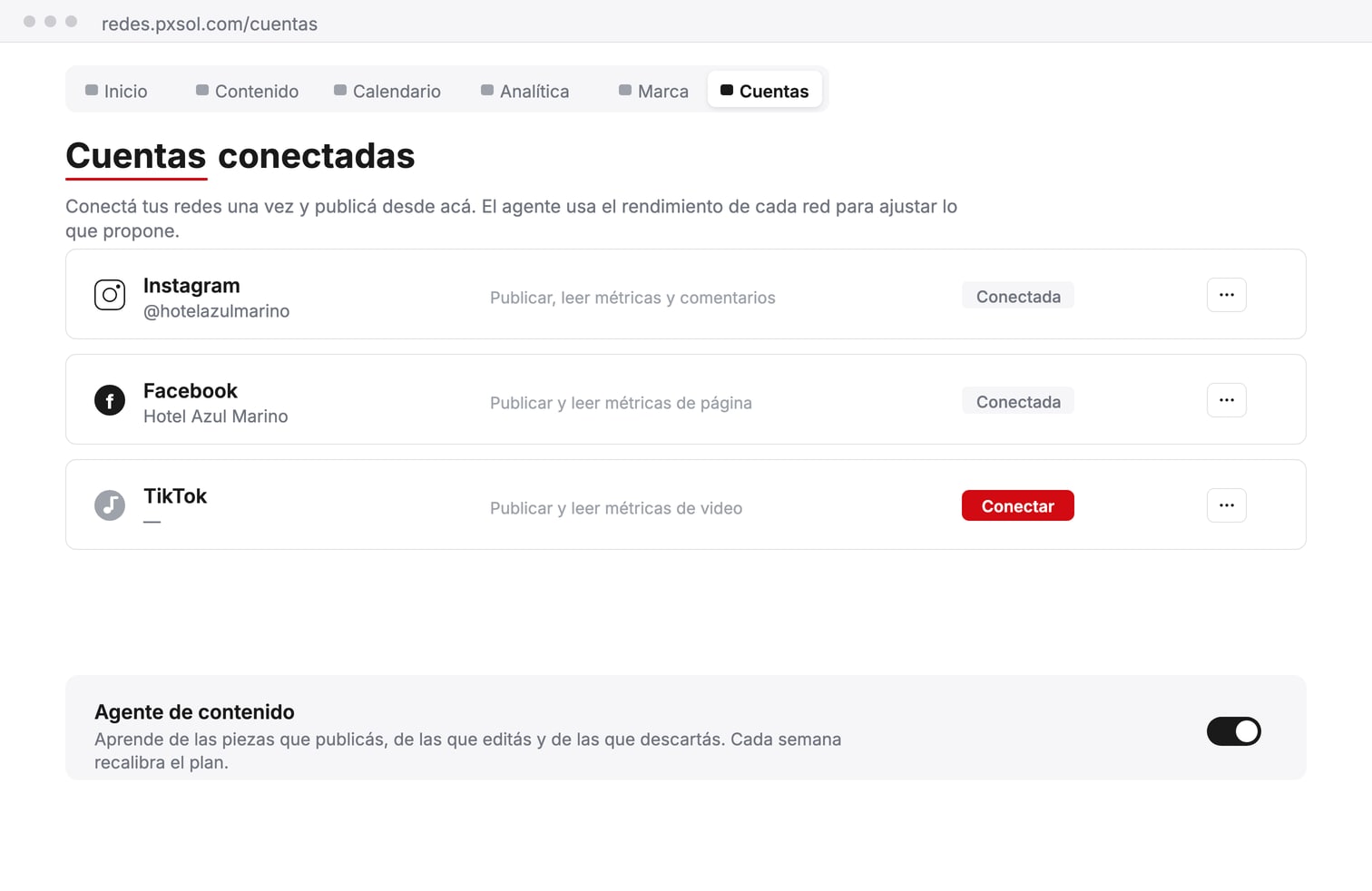 Pestaña Cuentas del Hub de Redes Sociales
