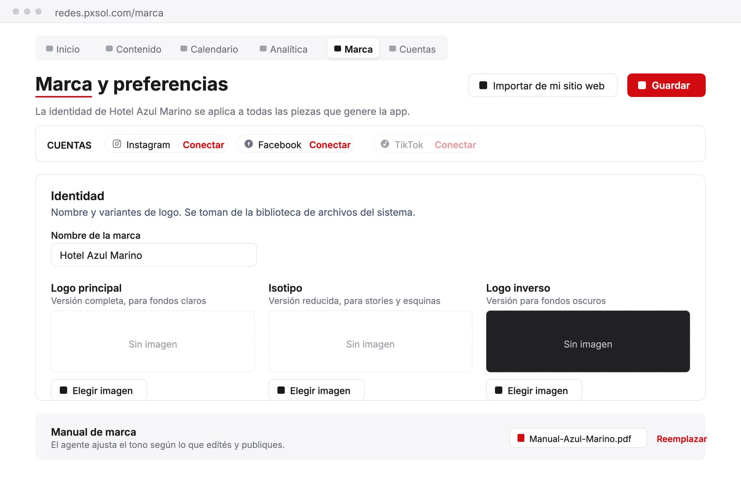 Pestaña Marca del Hub de Redes Sociales